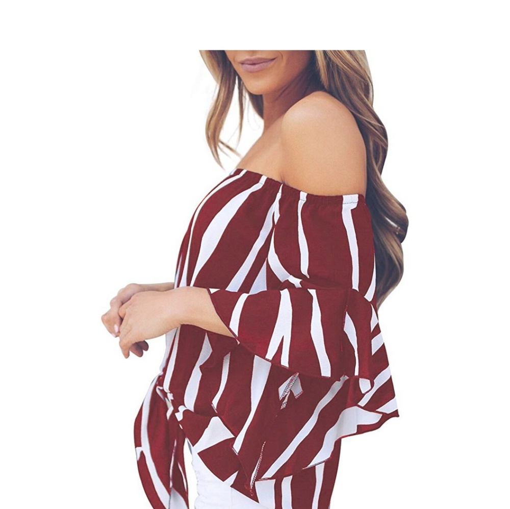 Striped-Off Shoulder Tie in front Top - Picture 2 of 4